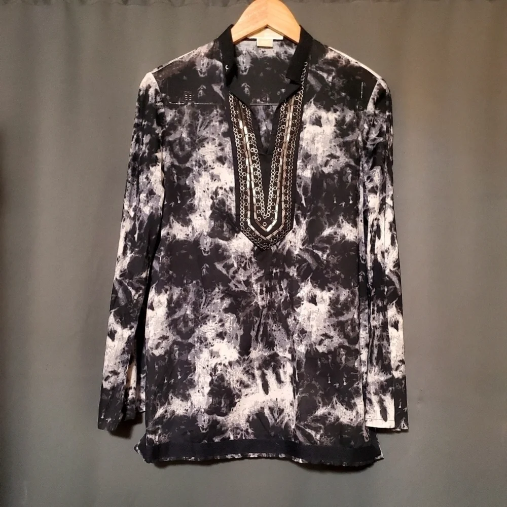 Michael Kors Sheer Abstract Beaded Long Sleeve Blouse Size Medium